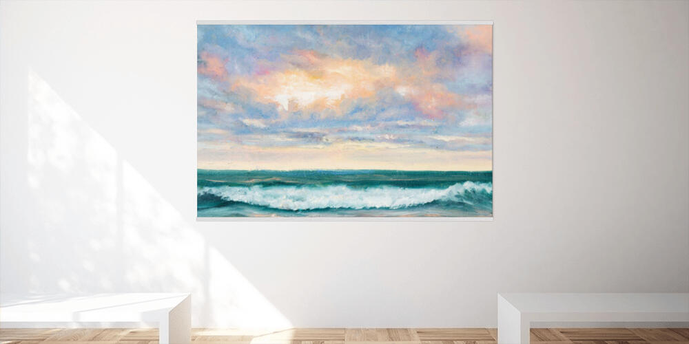 Original  oil painting of beautiful sunset over ocean beach on canvas, 