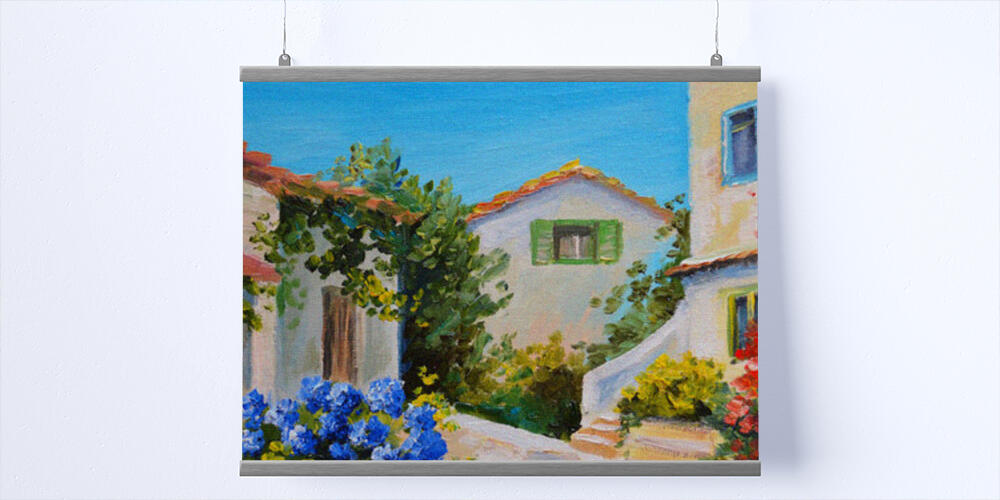 Oil painting on canvas of a beautiful houses near the sea, 