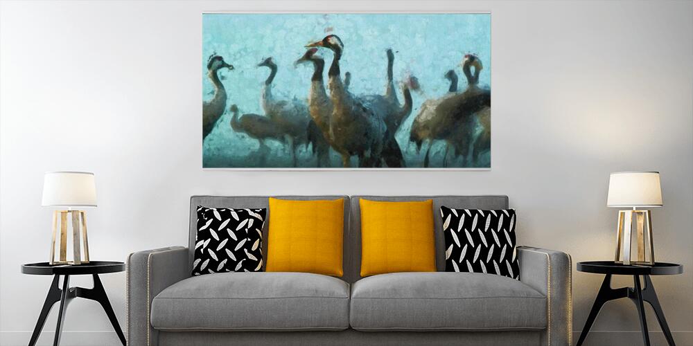 Oil painting of crane birds on autumn migration in Havelland, 
