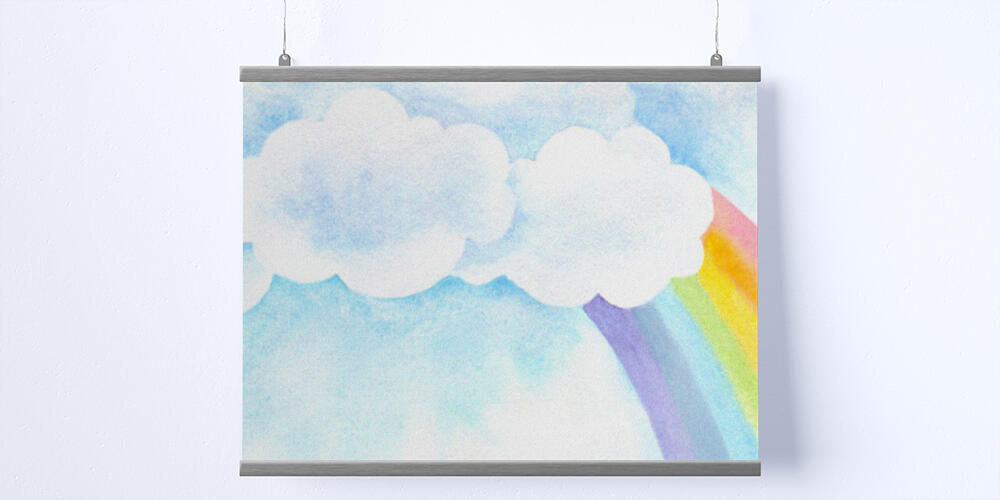 Composition with rainbow and clouds in hand drawn style, 