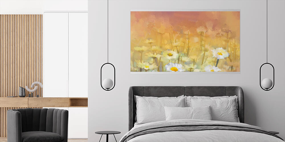 Vintage oil painting daisy-chamomile flowers field at sunrise, 