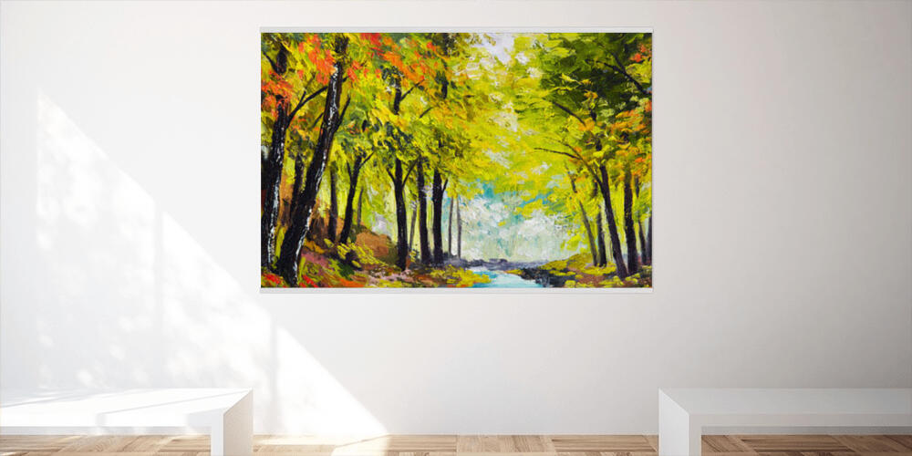 landscape oil painting - river in autumn forest, 