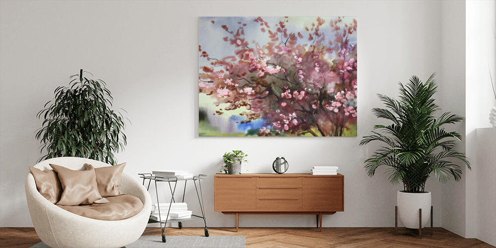 Watercolor painting landscape with blooming spring tree with flowers, 