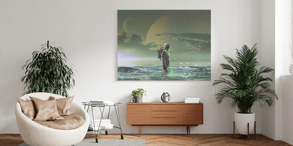 the astronaut standing by the sea against background of the planet, 