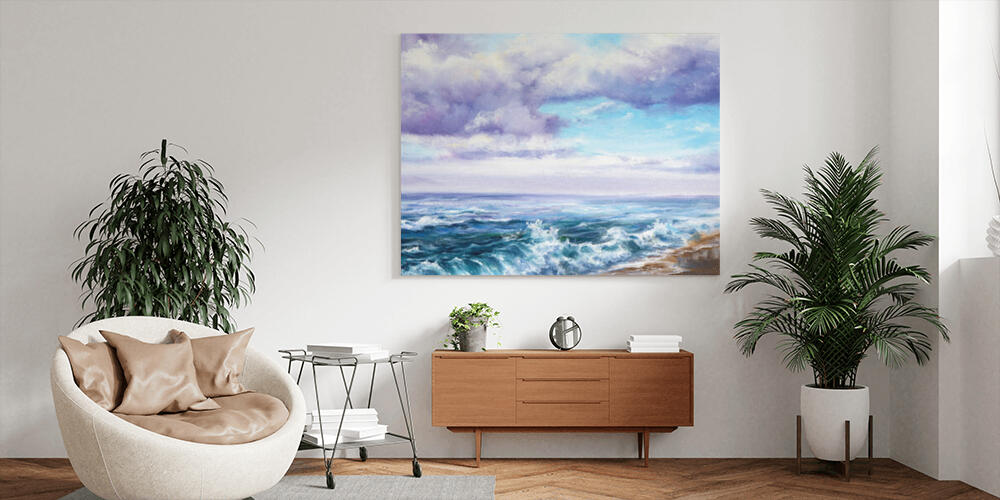 Original oil painting showing waves in  ocean or sea on canvas, 