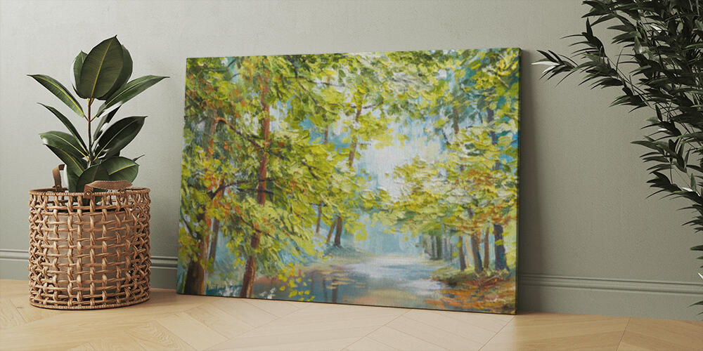 Oil painting landscape - autumn forest near the river, 