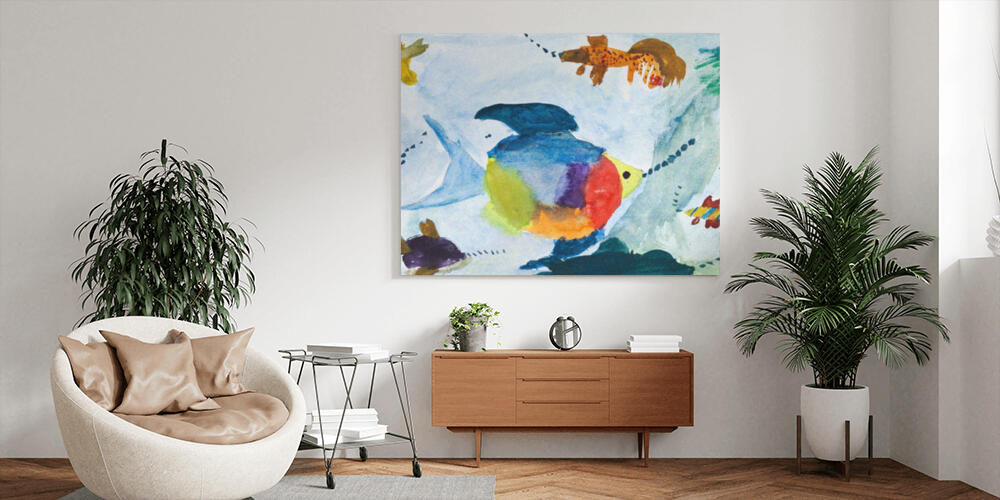 child's painting - fishes in sea, 