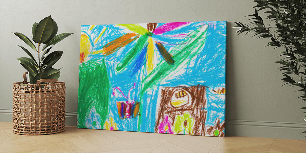 child's drawing - summer lawn with tree and flowers, 