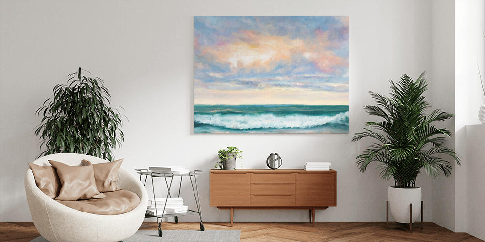 Original  oil painting of beautiful sunset over ocean beach on canvas, 