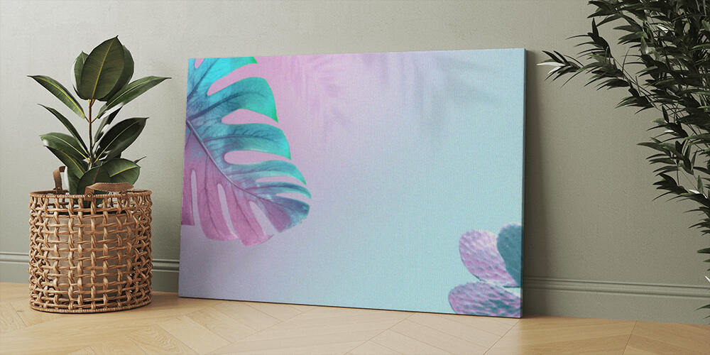 Tropical leaves and cactus in bright creative pink and blue colors, 