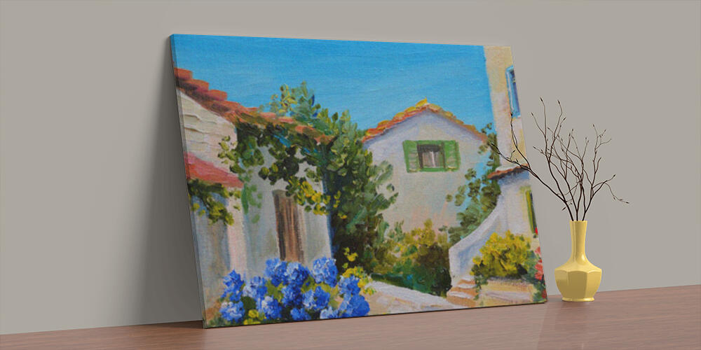 Oil painting on canvas of a beautiful houses near the sea, 