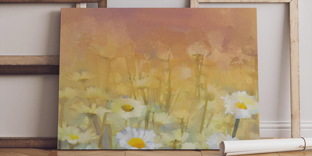 Vintage oil painting daisy-chamomile flowers field at sunrise, 