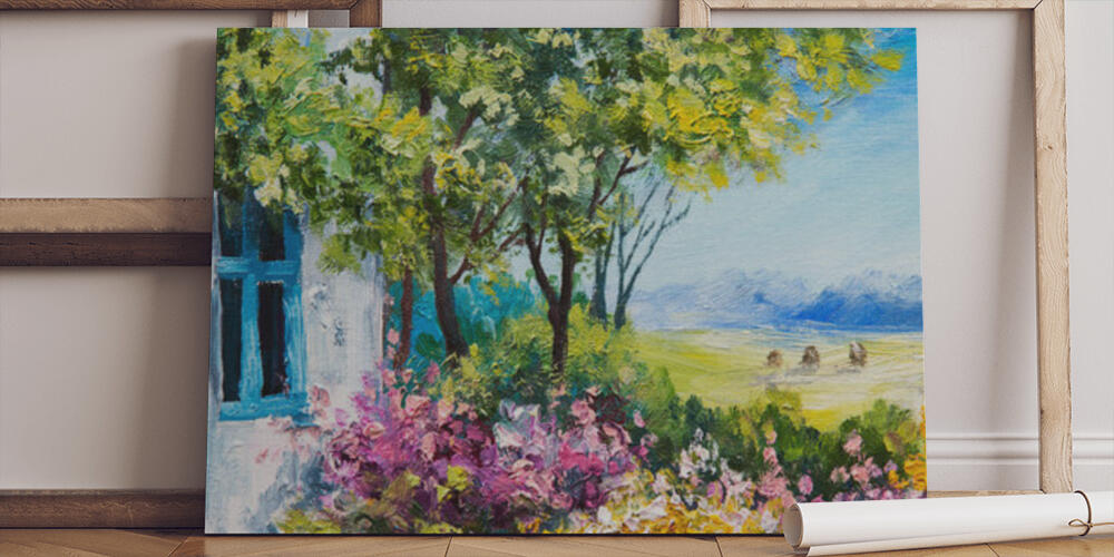 oil painting landscape - garden near the house, 