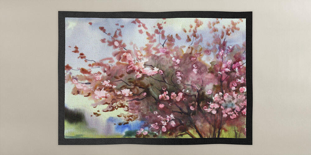 Watercolor painting landscape with blooming spring tree with flowers, 