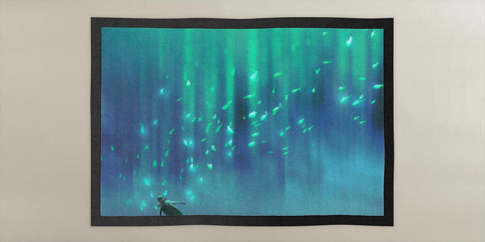 diver and many glowing fish under the sea, 