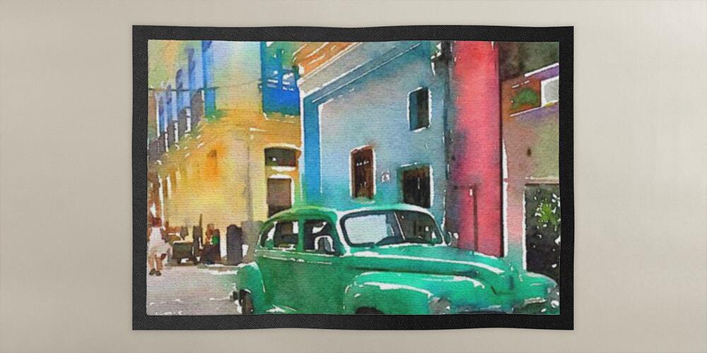 Digital watercolor of green classic american old car in Havana in Cuba, 