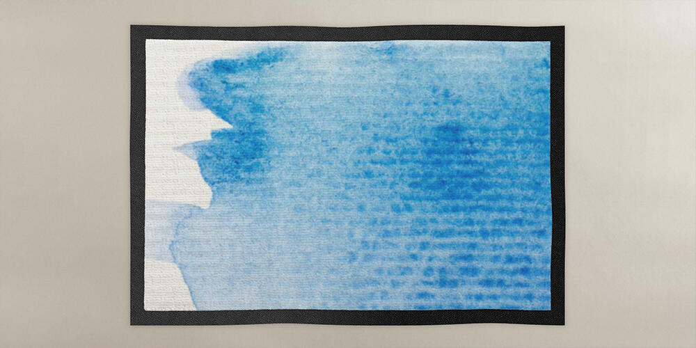 close up view of blue watercolor paint spill on white textured paper background, 