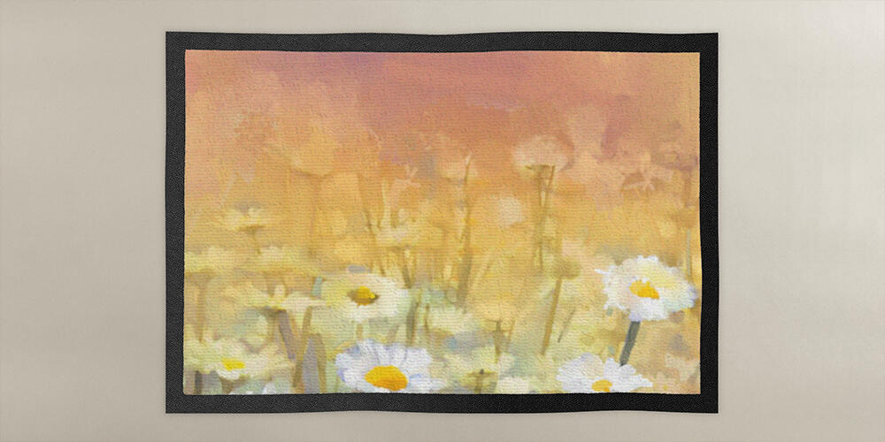 Vintage oil painting daisy-chamomile flowers field at sunrise, 